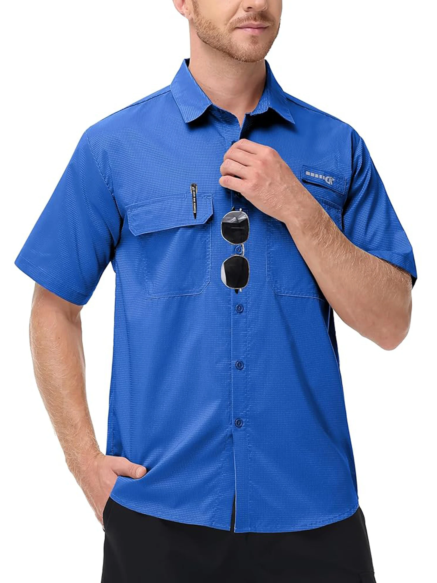 Herren UPF 50+ Kurzarm-Angelhemden mit Sonnenschutz, Rashguard, lässiges Button-Down-Angel-Wandershirt mit atmungsaktivem Mesh – Detail 14