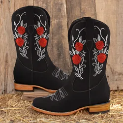 Women Cowboy Boots Retro Red Flower Embroidered Low Heel Square Toe Slip On Boots High Quality Fashion Booties Autumn Winter