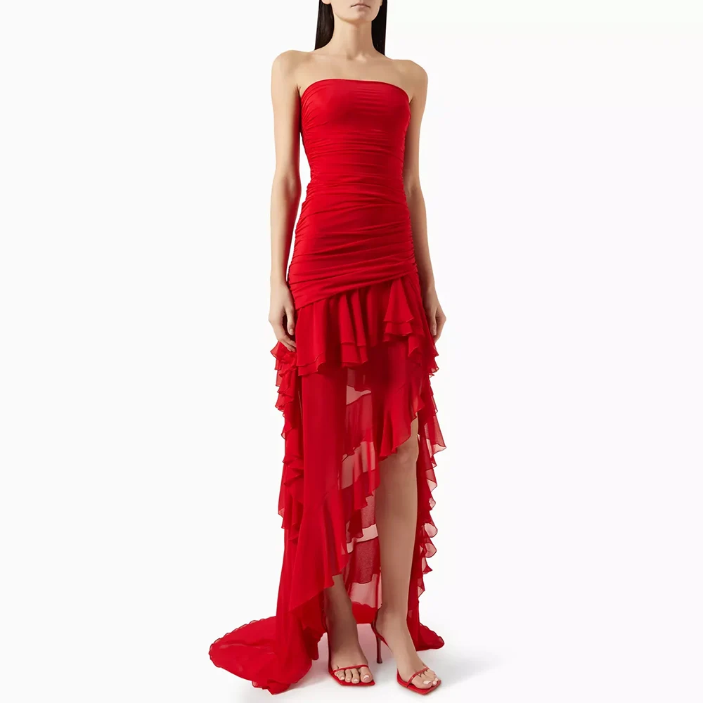 

Long Evening Dresses For Sexy Women Vestidos de festa Elegant Strapless Mermaid Tiered Chiffon Cocktail Party Prom Gowns