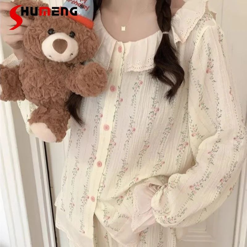 Ensemble pyjama en gaze de coton pur pour femmes, Style princesse doux, costumes de sommeil haut de gamme, ensemble de vêtements de maison de Style doux, automne