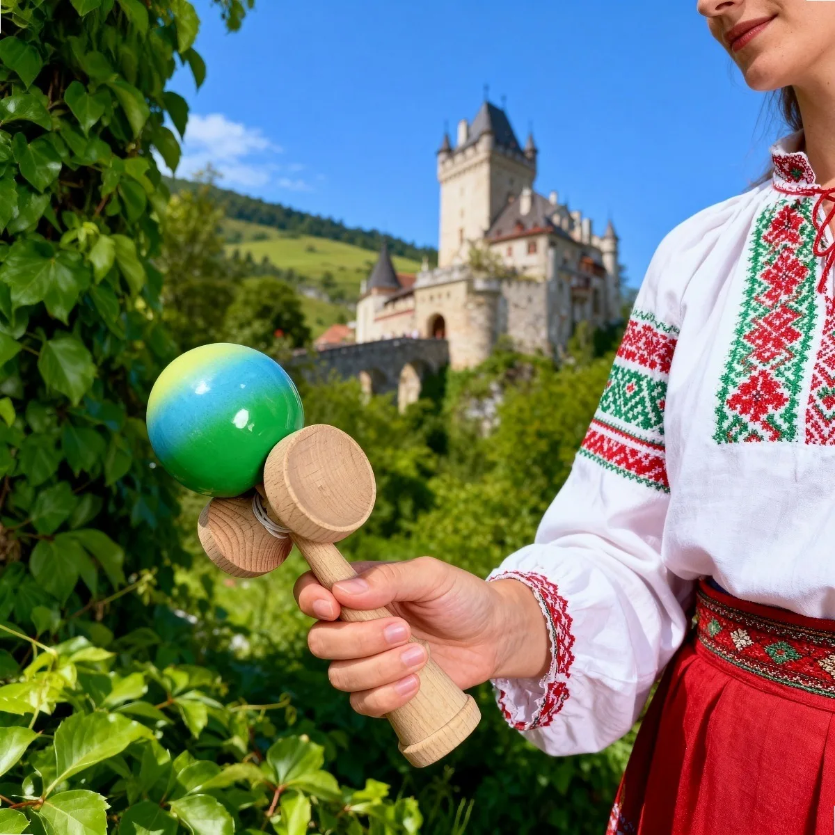 Professional Beech Wood Kendama Two-Tone Green Yellow Dual Bowl Textured Handle Balance Coordination Training Gift