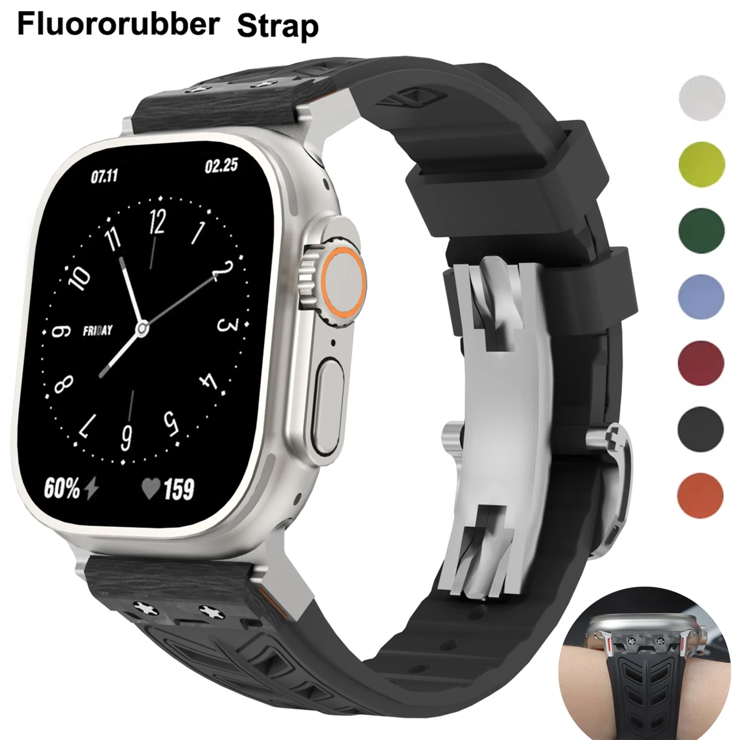 

Fluororubber Bracelet Strap For Apple Watch 10 9 8 7 6 SE 45mm 44mm 46mm 42mm Rubber Sport Correa Butterfly Buckle Quick Release