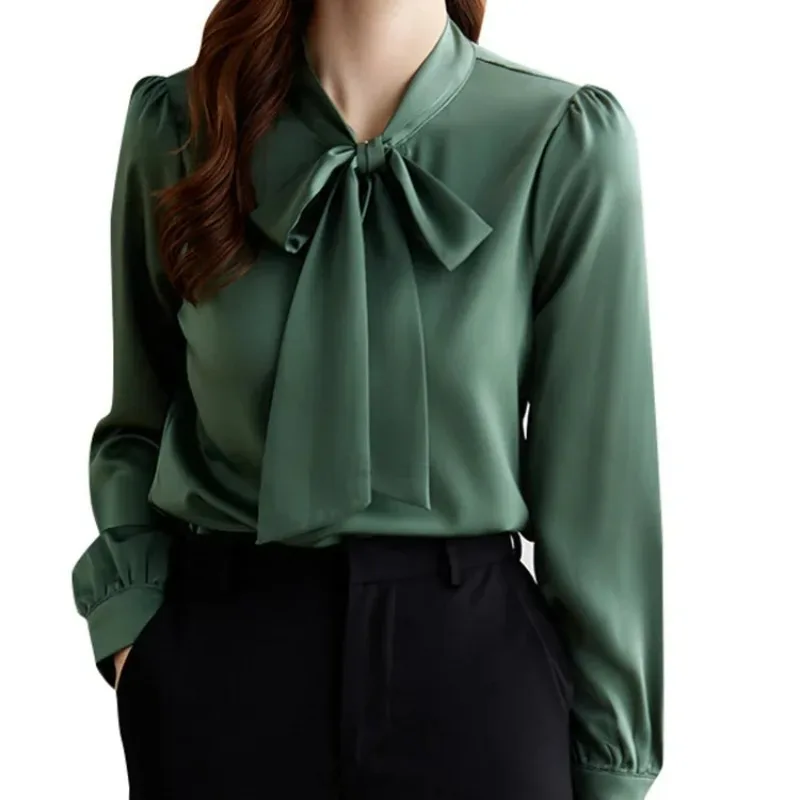 New 2024 Lace Up Blouse for Women New Fashion Office Ladies Long Sleeve Tops Vintage Casual Pullover Slim Cozy Chic Shirts