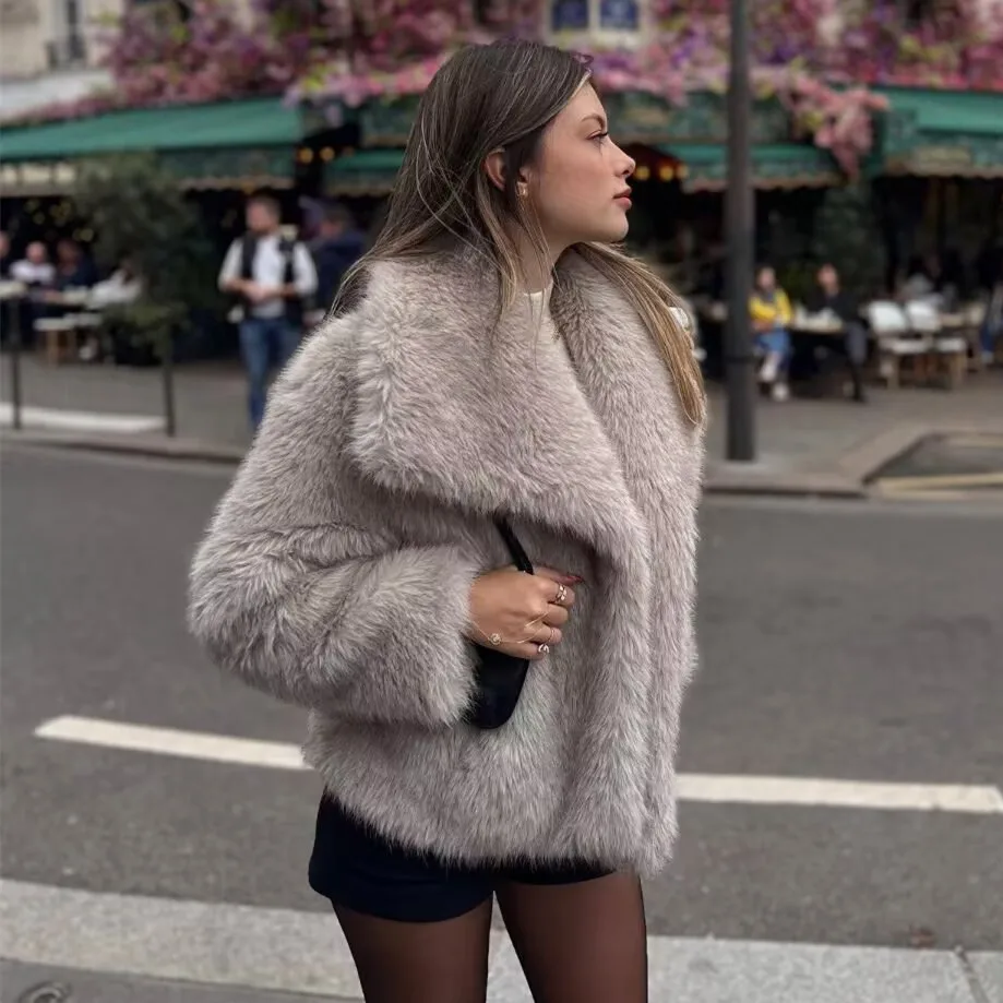   Veste à revers en fausse fourrure pour femmes, nouvelle collection 2021, respectueuse de l'environnement, haut de gamme, ample, chaude, à la mode, Slim