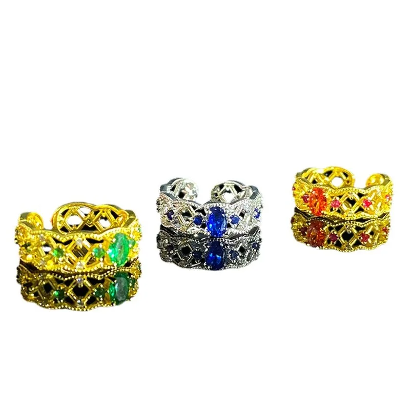 MDL مويسانيتي 1 نمط الدانتيل المجوف تقليد خاتم الزمرد مطلية بالذهب بيضة الحمام الخفيفة الفاخرة المفتوحة البنصر الإناث #5