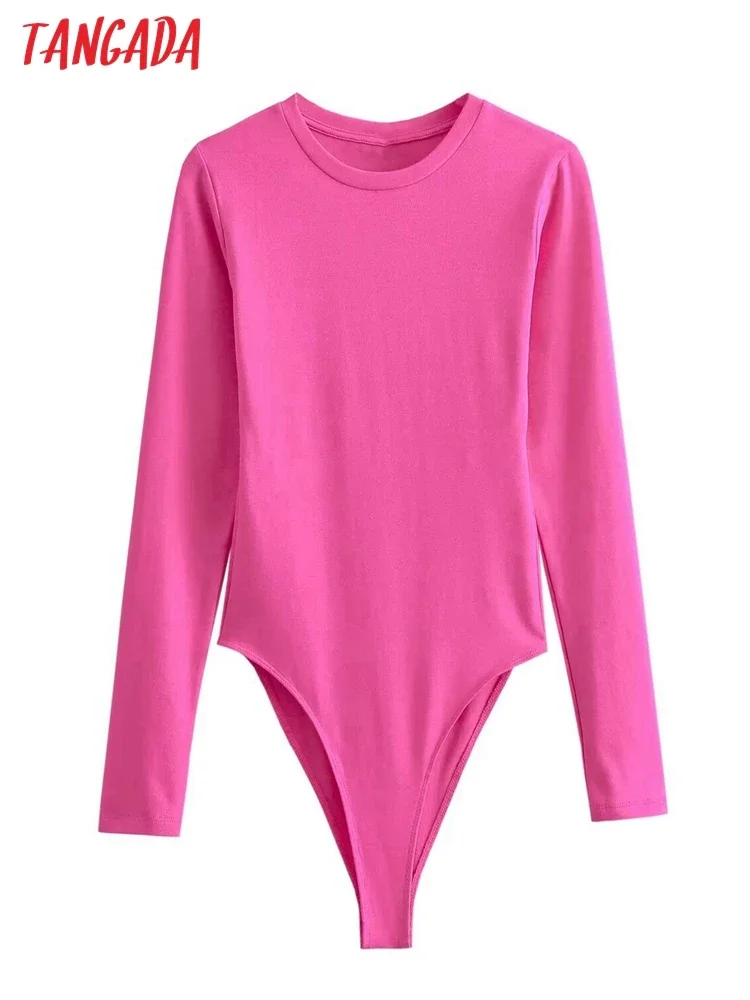 Tangada 2024 Women Pink Slim Bodysuit O Neck Long Sleeve Female Overalls Knitted Bodysuits 6X121