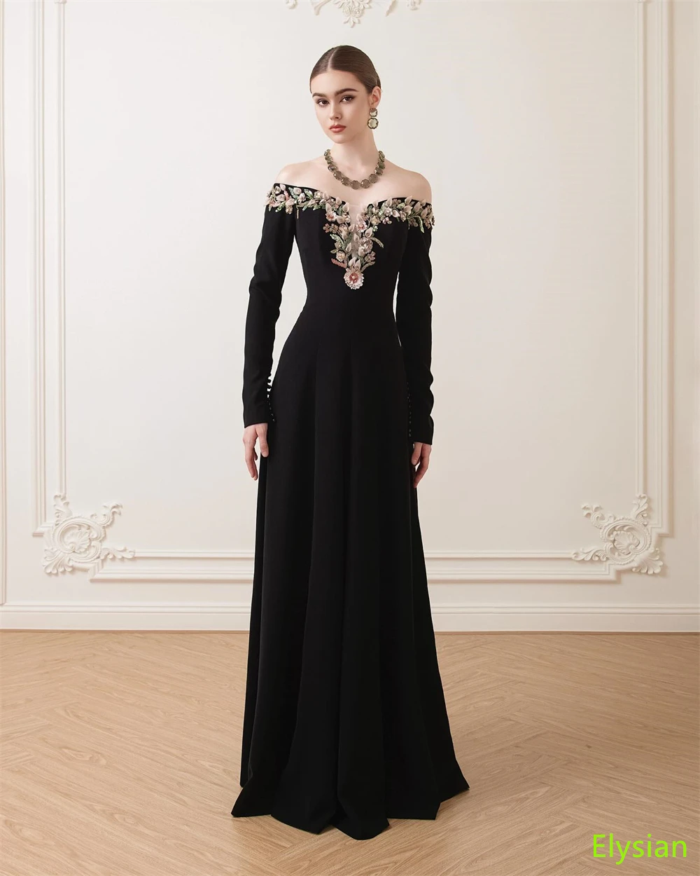Customized  Graceful Black Jersey Evening Dress Boat Neck Off the Shoulder Long Sleeves Celebrity Gowns Special Occasion Gowns