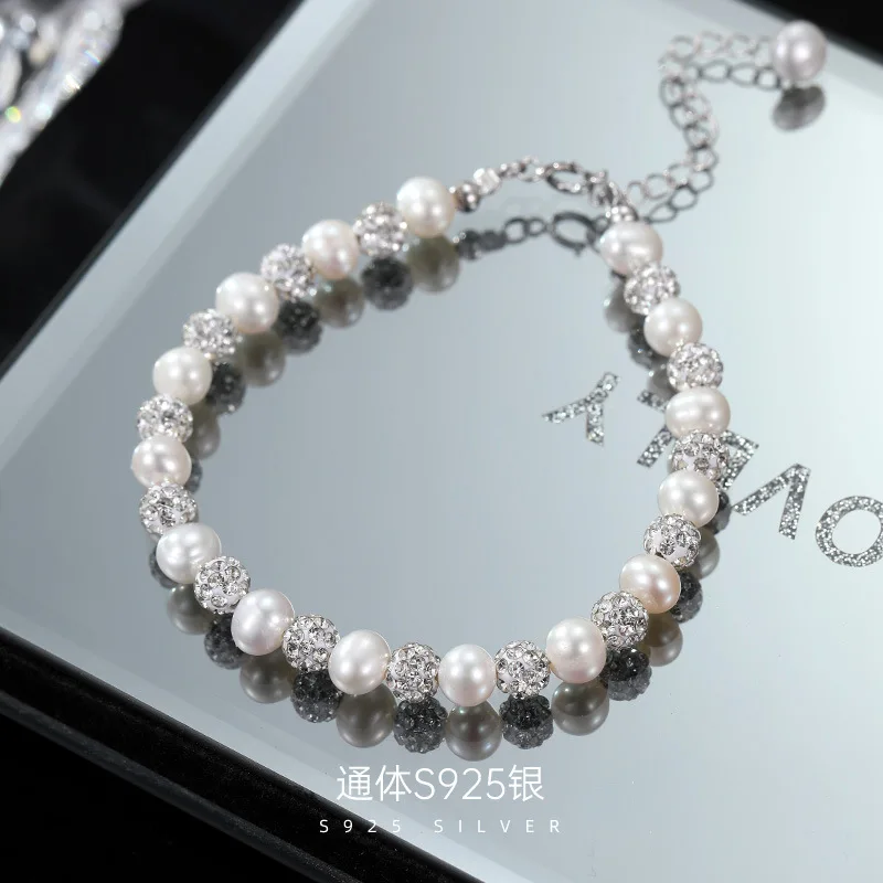 

GL S925 Silver Natural Pearl Bracelet for Women, Luxury Small-Batch Sparkling Beaded Jewelry