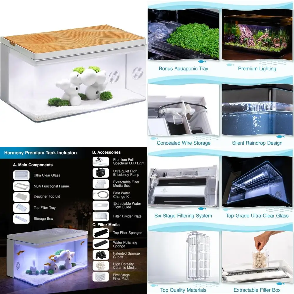 

Clairnara's Harmony Aquarium Deluxe - 8 Gallon Freshwater Tank with LED Lighting, Silent Pump, and Patented Filtration System
