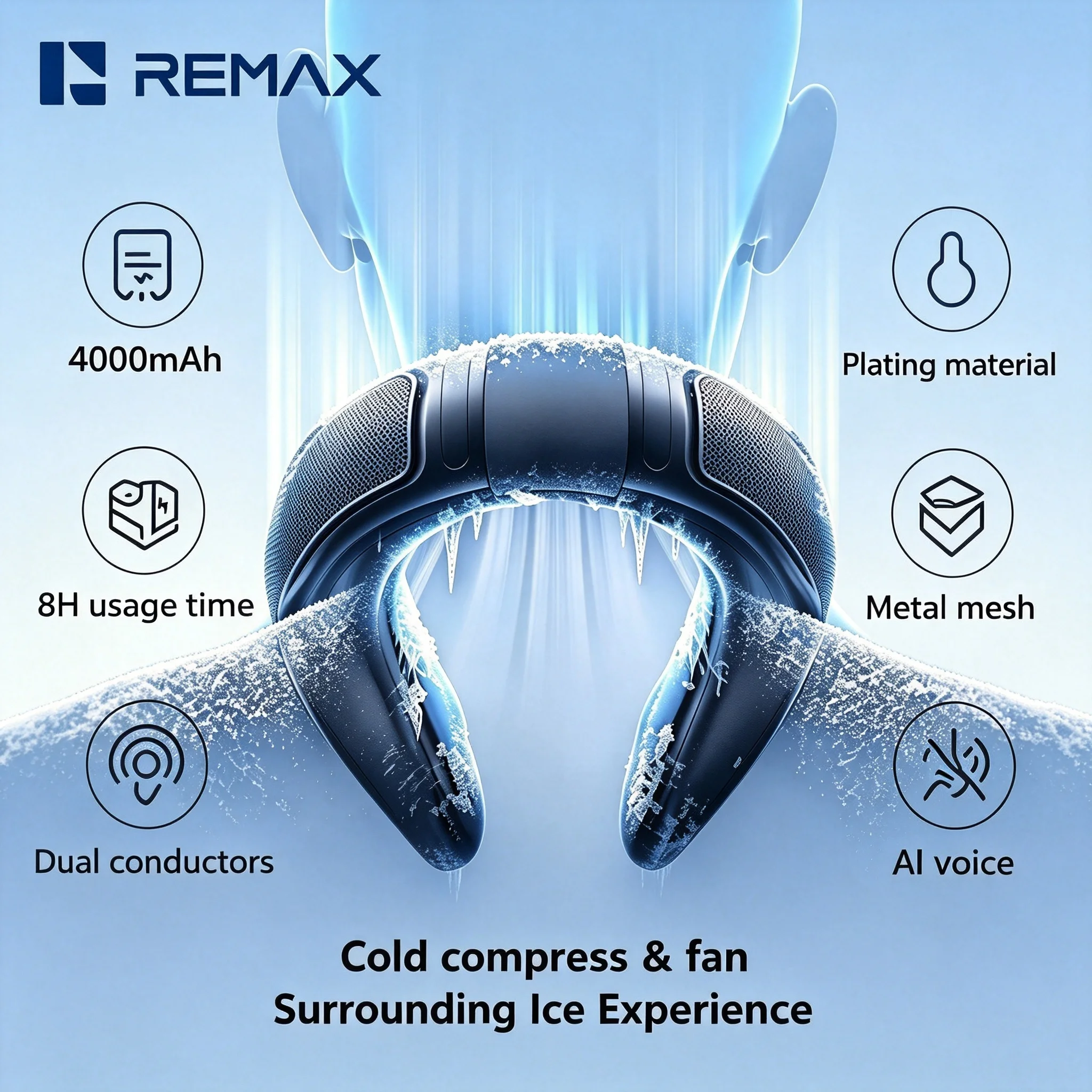 

REMAX Neck Fan Semiconductor Cooling 4000mAh Dual Cooling Plates 4 Air Outlets Bladeless Portable USB Fan for Travel Office