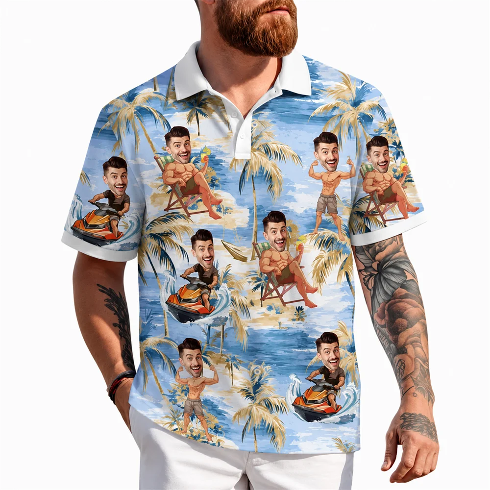 Custom Face Hawaiian Polo Hibiscus Surf Beach DIY Photo Casual Holiday  Tops Great Gift Boyfriend Husband Tropical Daily Shirts