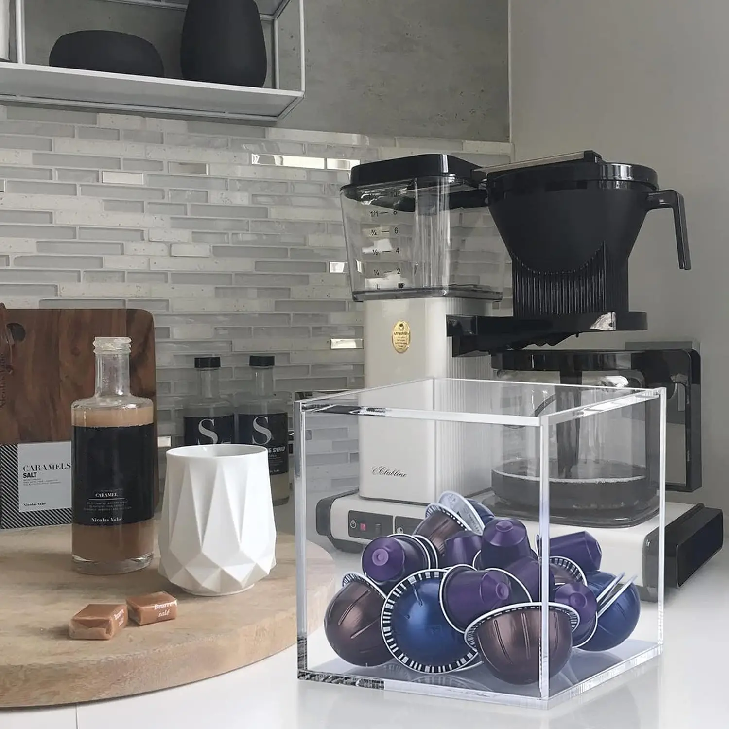 Cápsulas de café acrílicas, caixa de armazenamento de cápsulas, suporte de armazenamento de cubo compatível com todas as cápsulas de café, tampa de recipientes de armazenamento Nespresso
