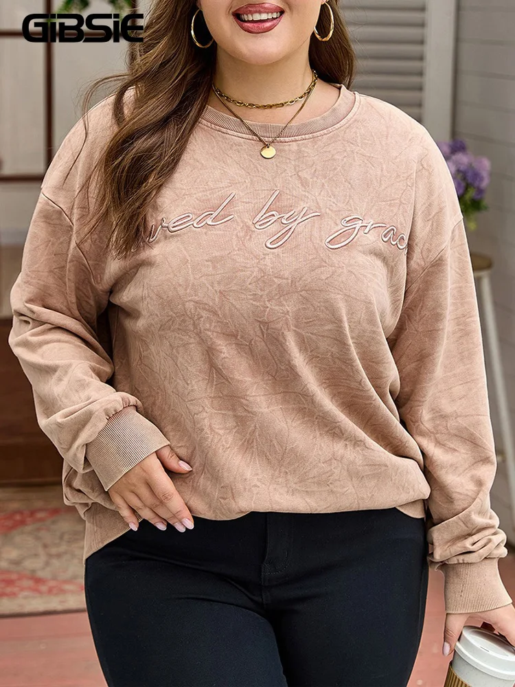 

GIBSIE плюс размер модный пуловер с буквенным принтом женский осенний повседневный топ с длинными рукавами и круглым вырезом женская толстовка