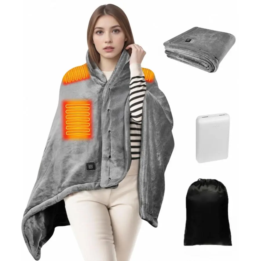 

Heated Blanket Wearable Heated Blanket Battery Operated with 10000mAH Power Bank, 3 Heat Settings USB Electric Throw Shawls for