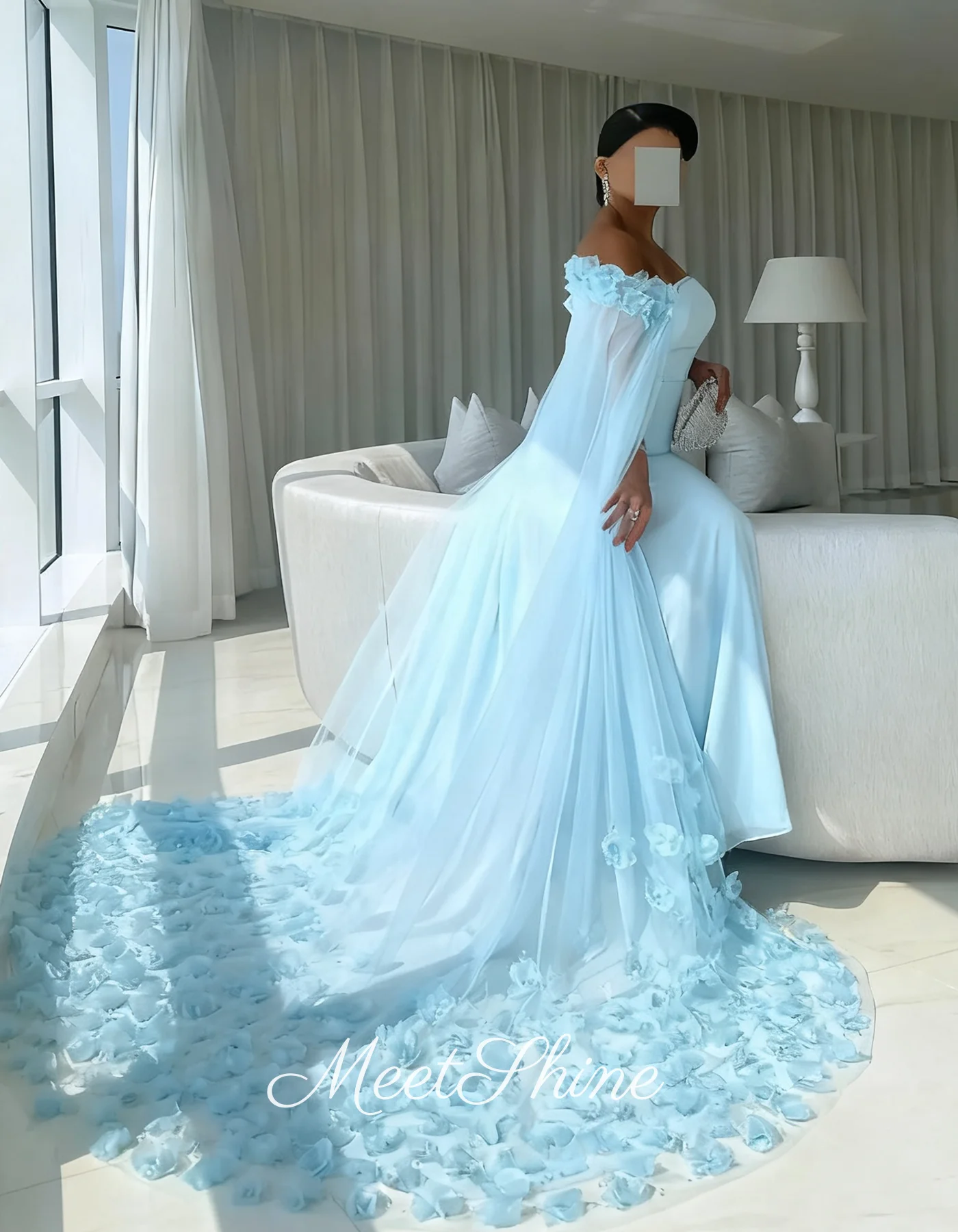 Vestidos de fiesta de noche con flores 3D de sirena elegante azul cielo, románticos con capa, vestidos de graduación personalizados, vestido para ocasiones formales para mujer