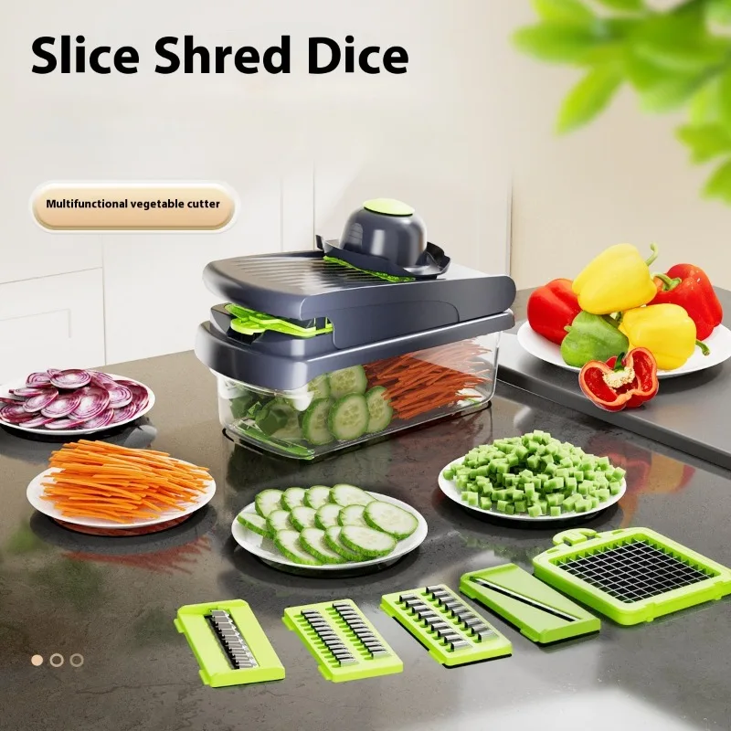

1Pc Green Black 16 in 1 Multifunctional Vegetable Slicer Cutter Shredders Slicer With Basket Fruit Potato Chopper Carrot Grater