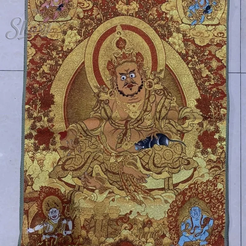 35.4″ Yellow God of Wealth Statue Brocade Tibetan Tangka Embroidery Painting Gold Thread Embroidery Decorative Hanging Pictures