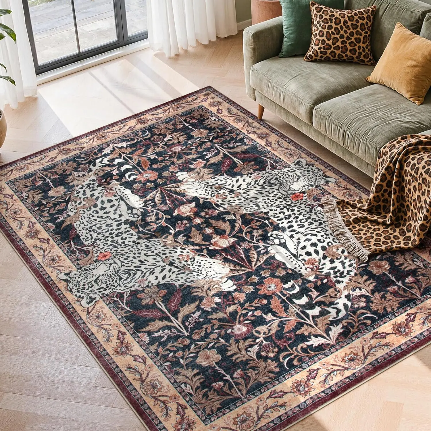 Puce Red Leopard Boho Area Rug, Washable Non Slip Carpet for Living Room Bedroom, Versatile Vintage Home Decor