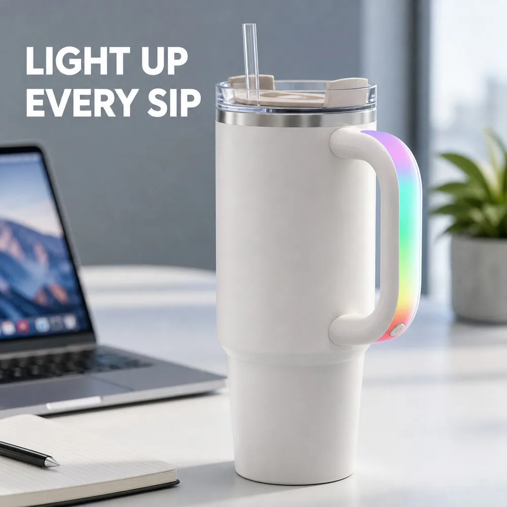 RGB Glowing Cup Handle Accessory, Magnetic USB Rechargeable, 4 Color Frames, Lightweight Grip for 30/40 oz Style Tumblers