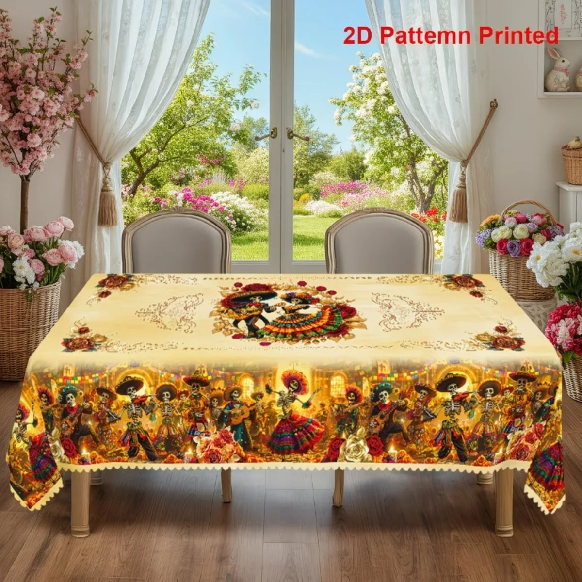 1pc Skeleton Party Tablecloth for Dia de los Muertos Festival, High-Resolution Printed Texture Designzyc
