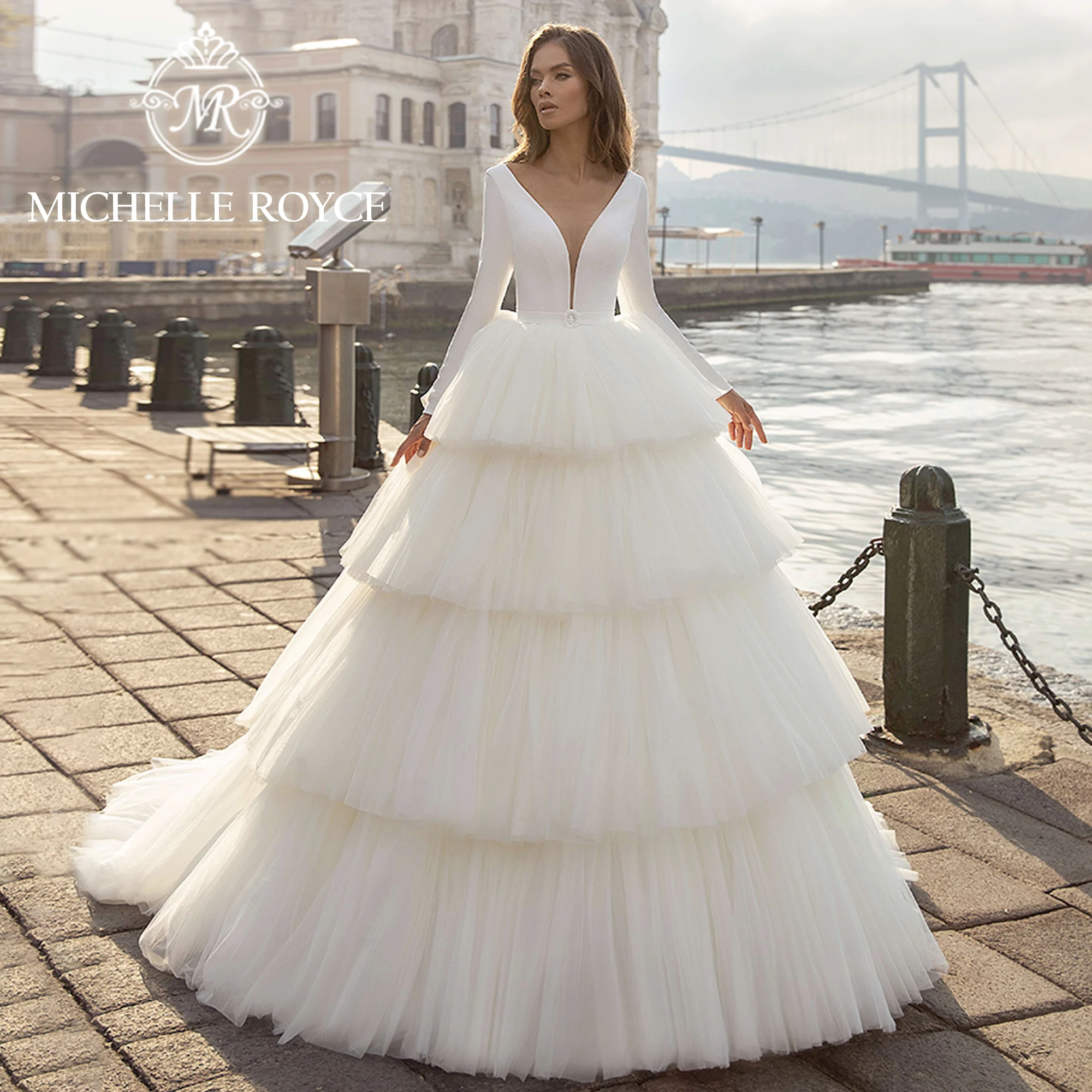 Michelle Royce Ball Gown Wedding Dresses For Woman Deep V-Neckline Cupcake Dress Satin Wedding Gown Vestidos Novias De Saten