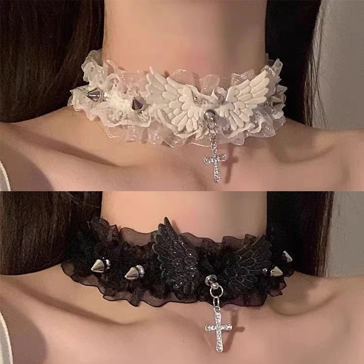 Black White Lace Wing Necklace Vintage Ribbon Bow Gothic Heart Pendant Collar for Women Girls Sweet Lolita Jewelry New Choker