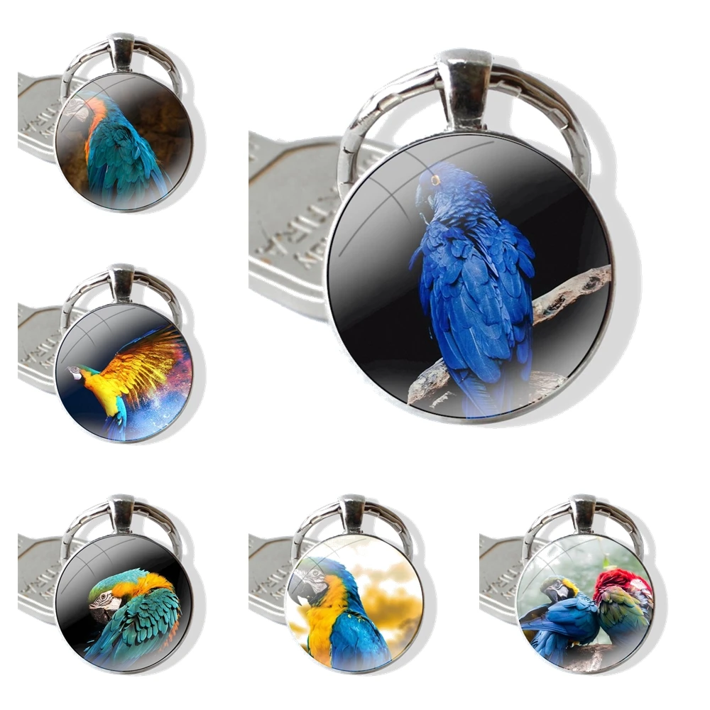 25mm Glass Cabohcon Keychain Key Rings for Women Men Jewelry Gift Funny Parrot Blue Color