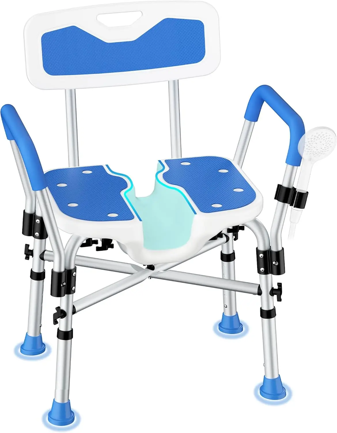 

Прочный стул для душа с подлокотниками и спинкой, мягким сиденьем, U-образным вырезом, противоскользящий регулируемый стул для ванной для пожилых людей и людей с ограниченными возможностями