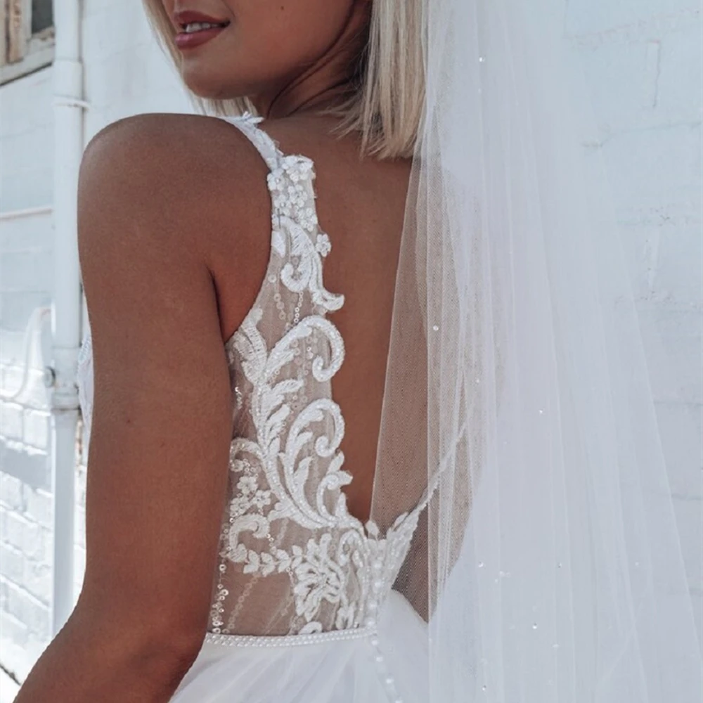 Abito da sposa con maniche a serbatoio bohemien scollo a V profondo abiti da sposa pizzo senza schienale abito da sposa illusione Vestido De Novia Robe de mariée