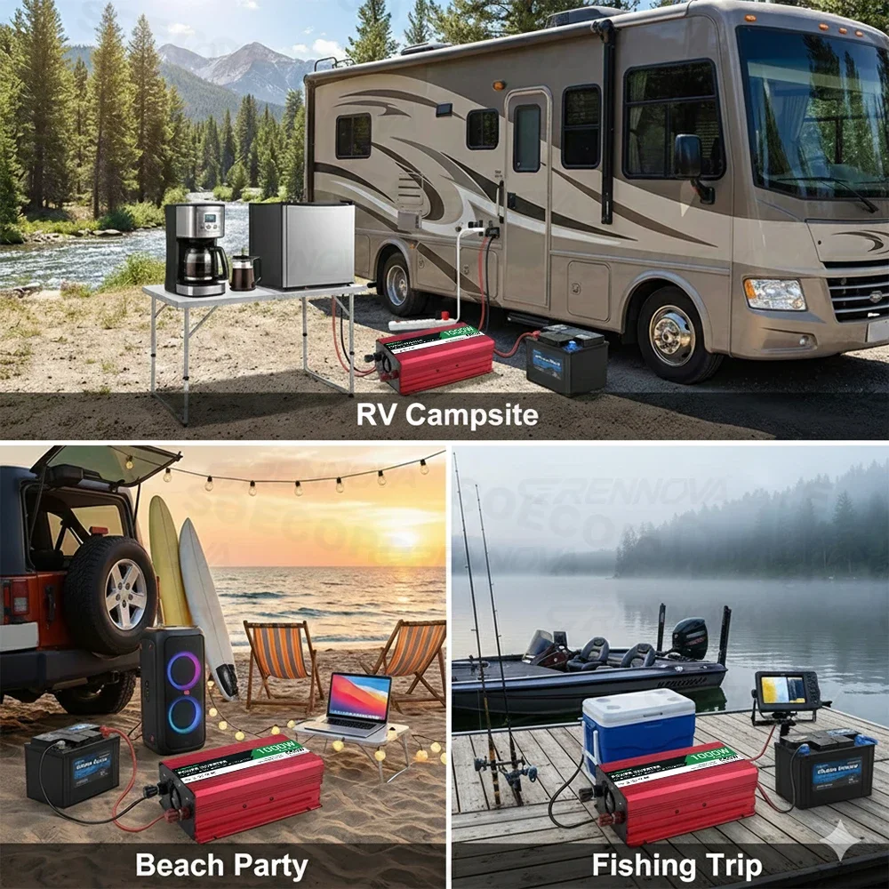 1000W Grennova High-Power True Rated Inverter（ DC 12V/24V/48V to 110V/220V AC Featuring USB & AC Outlets ）for RV On-the-Go Power