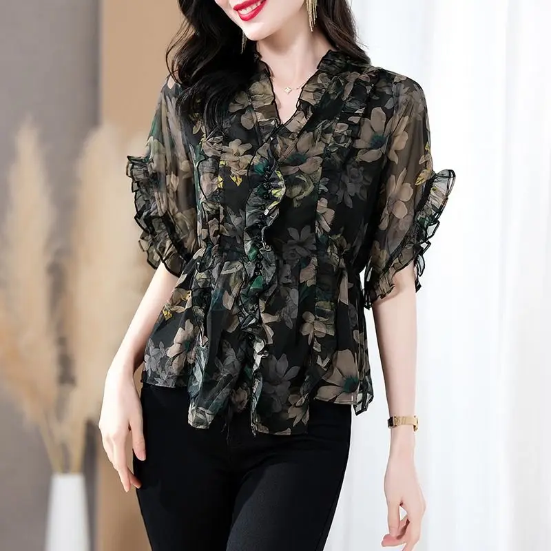 Summer New Fashion Loose Pleated Ruffle Chiffon Blouse