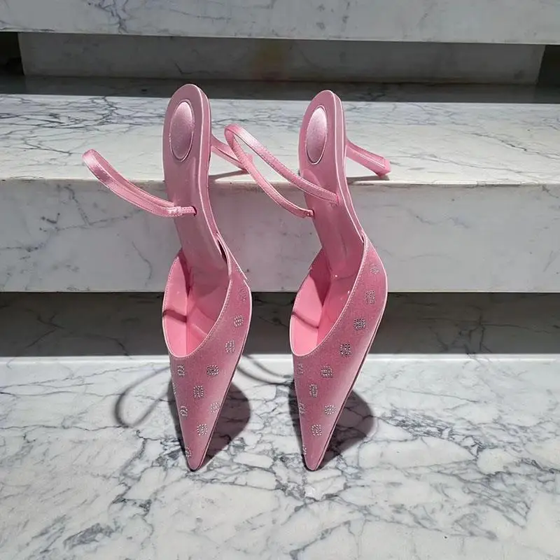 Pink Muller Shoes Women\'s 2023 New Rhinestone High-heeled Shoes with Pointed Toe and Empty Stiletto Sandals Women Shoes Heels