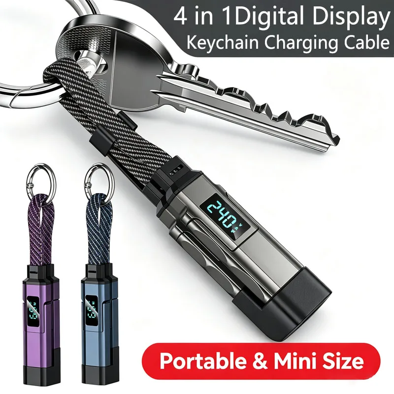 4 in 1 65W Keychain Charging Cable USB C Cable with V/A/W Display Type C for Apple Portable Cord for IPhone/iPad/Samsung/Laptop