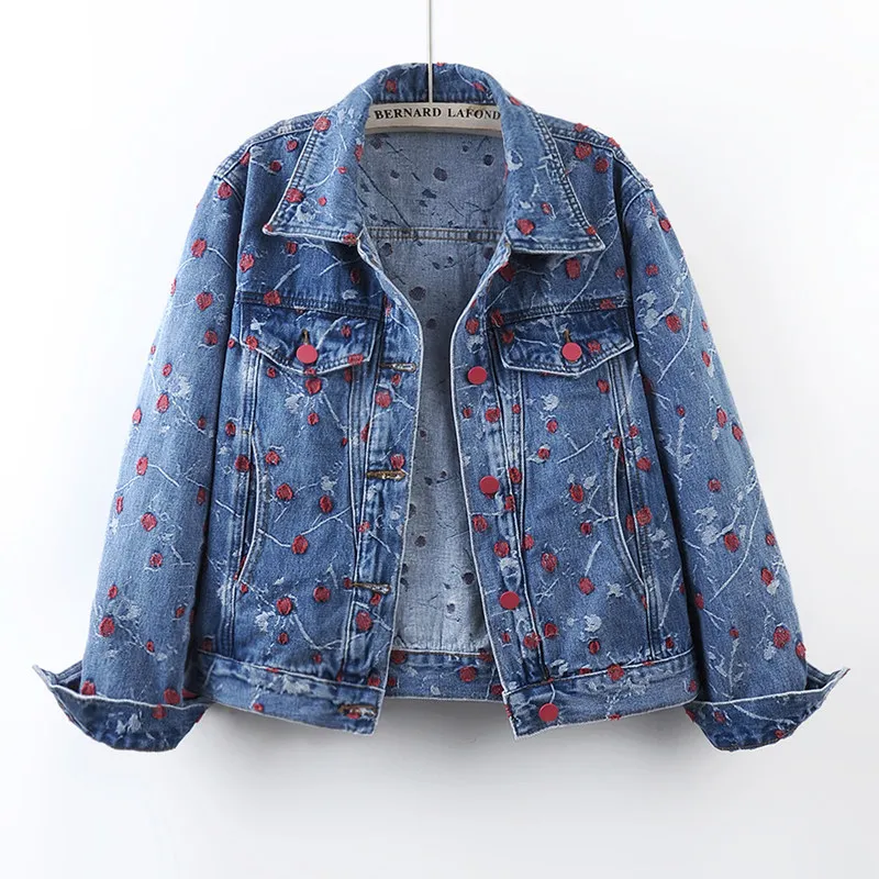 Vintage Embroidery Blue Loose Short Denim Jacket Casual Lapel Long Sleeve Cowboy Outerwear Autumn New Female Jeans Jacket Coat