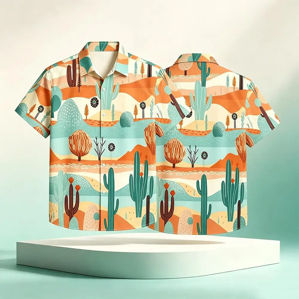 Vintage Desert Cactus Landscape 3D Printed Hawaiian Shirt Summer Men's Lapel Short Sleeve Casual Beach Vacation Button Up Top