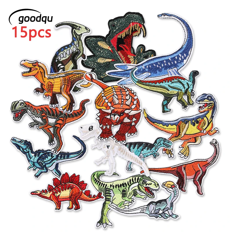 15pcs Lot Dinosaur Iron On Patches For Clothes Kids Embroidered Animals Jacket Sew Set Pack Boys Parches In Bulk Thermal Anime