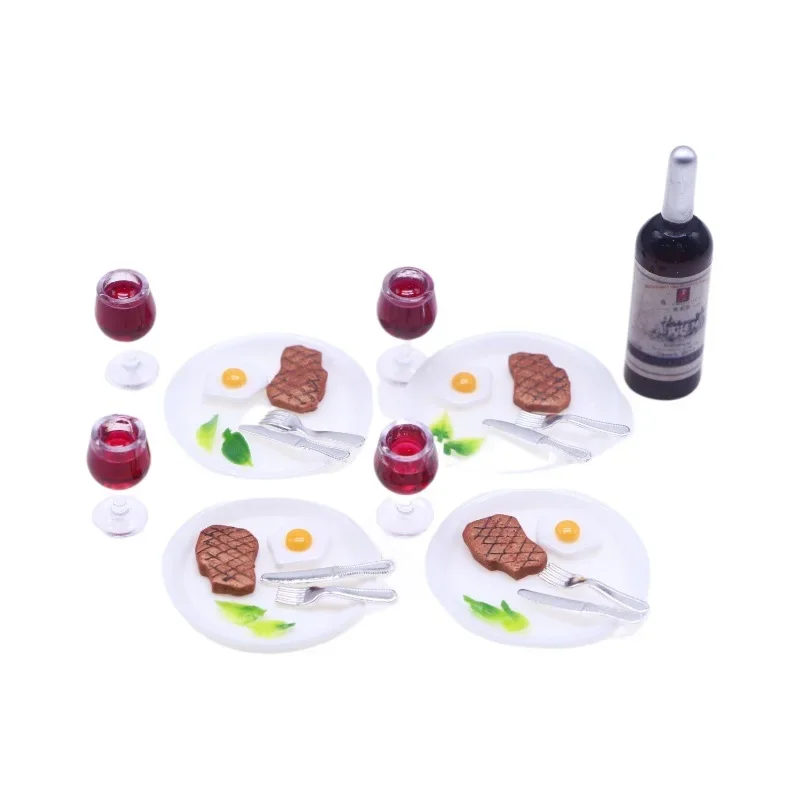 Mini casa de muñecas de simulación, juego de filete de vino tinto OB11, tela pequeña, accesorios de escena de juego de comida en miniatura, modelo de adorno