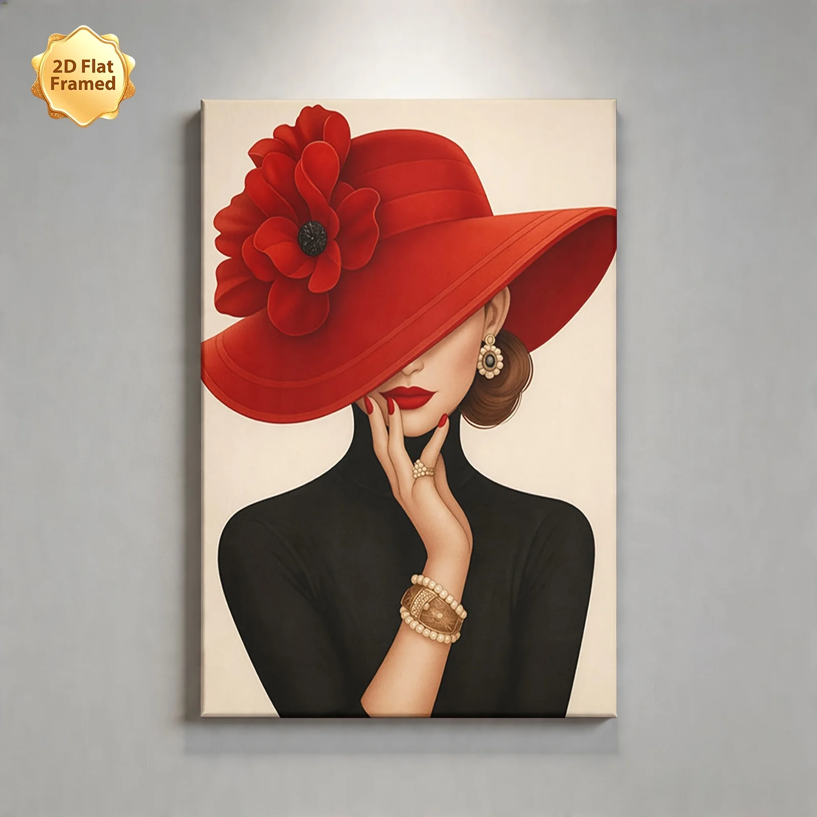 (No frame)2D Flat, 1pc, Framed 2D Flat Canvas Print, Retro Elegant Lady in Red Hat Artwork, Ideal for Living Room, Bedroom, O