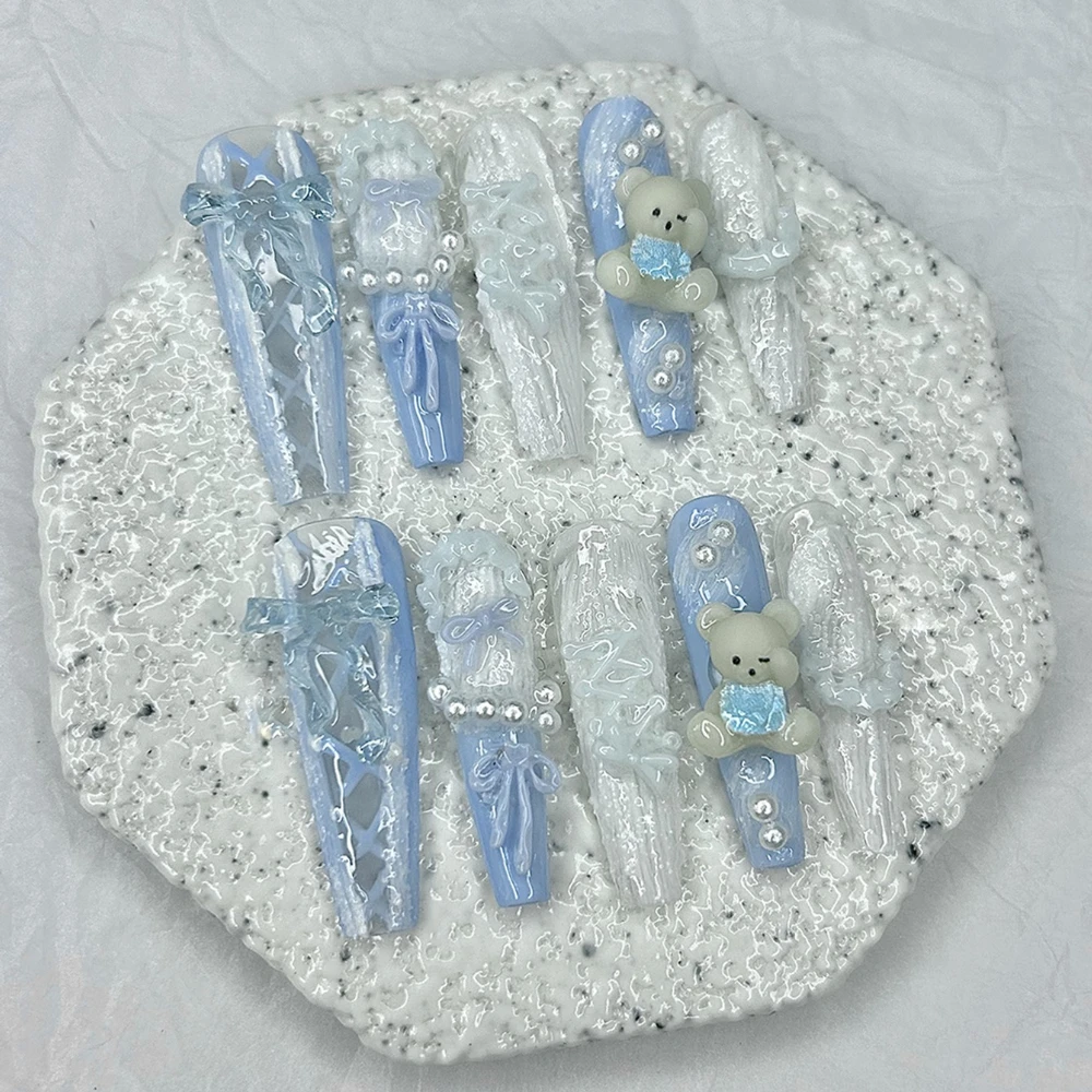 روكوكو الفرنسية الباليه الدانتيل اليدوية الصحافة على الأظافر ثلاثية الأبعاد الحلو لطيف الدب الجبس القوس اللؤلؤ الأظافر وهمية الوردي الأزرق لوليتا طويلة مسمار الفن #3