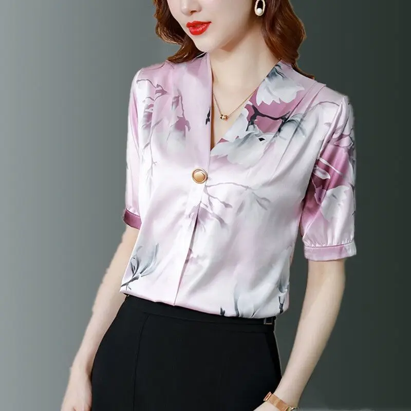 Women Vintage Floral Print Ice Silk Elegant Blouse 2023 Summer Fashion V-Neck Short Sleeve Office Lady Casual Shirt Blusas Mujer