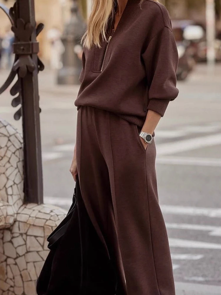 Vintage Casual Solid Color Commute Sport Sets Fashion Lady Long Sleeve Pullover&Pants Set Autumn Winter New Women Simple 2 Piece