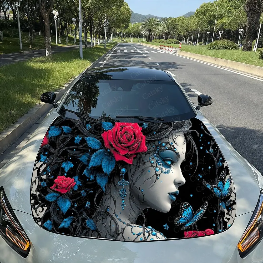 

Illustration Style Elegant Girl Car Vinyl Wrap, PVC Waterproof Car Hood Sticker, Self-Adhesive Scratch-Resistant Stickers