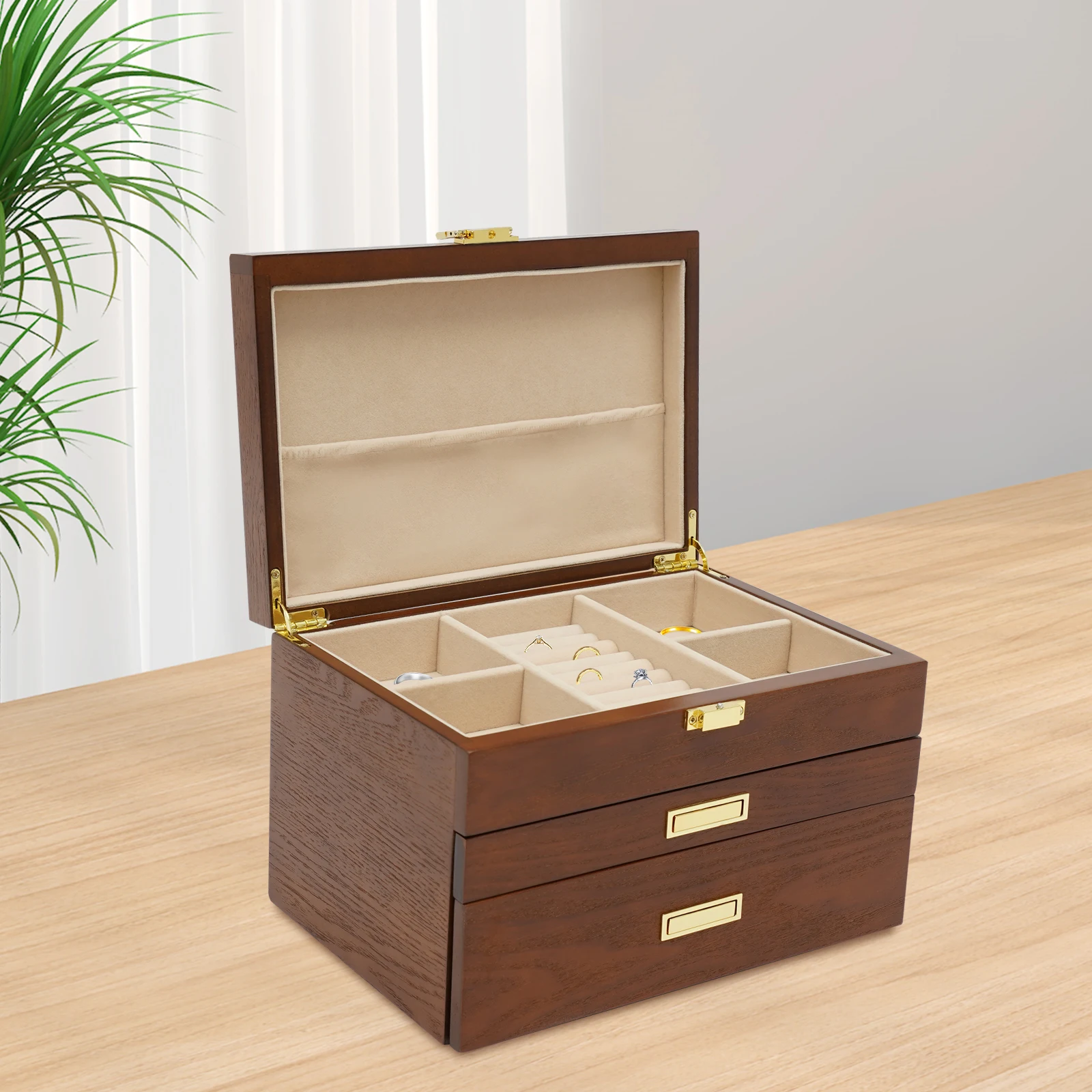 

Retro Jewelry Storage Organizer Case 3 Layers Homes Bedroom Rings Necklaces Bracelet Display Cabinet Box with 2 Pull-out Drawer