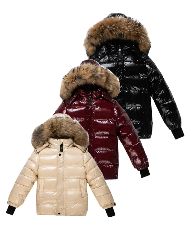 RAISE 2025 Winter Children Girl Down Jacket Real Fur Hooded Waterproof Shiny Girl Parkas Toddler Outfit 1-14Y Teenager Outerwear