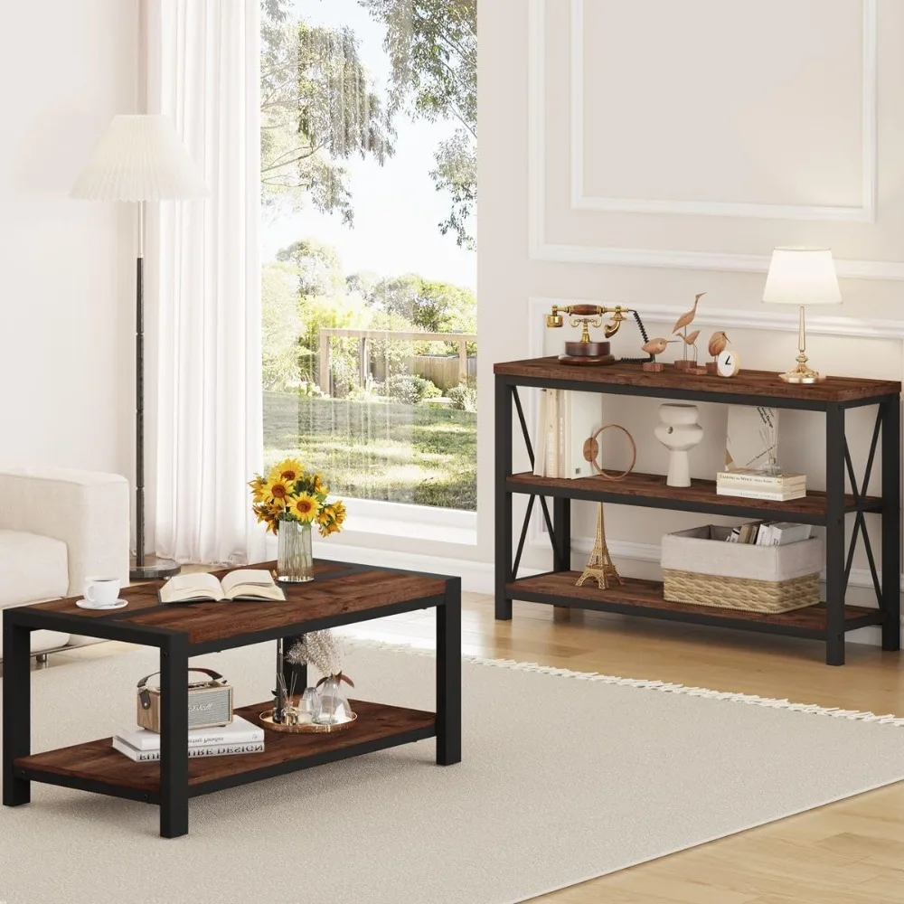 Industrial Farmhouse Style Rectangular Coffee Table for Living Room, Rustic Wood and Metal Center Table