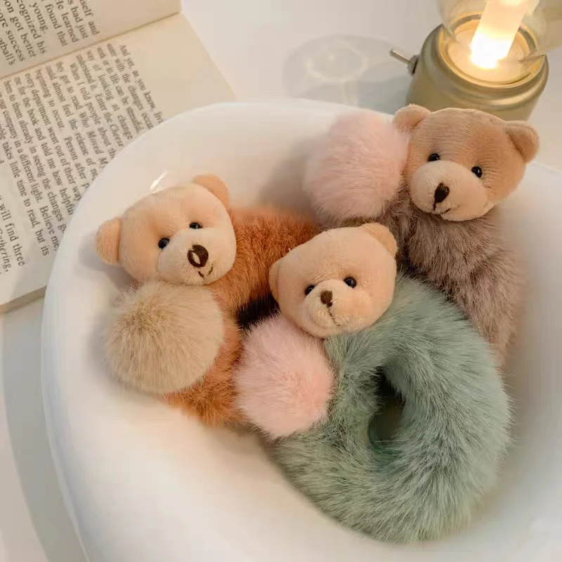 

Korea Cute Plush Bear Hair Rope Winter Soft Pompom Elastic Hair Bands Hair Scrunchies Cartoon Bear Ponytail Holder Tie Headwear
