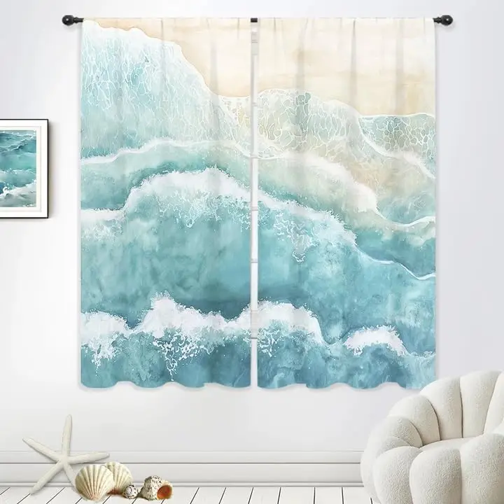 Beach Ocean Wave Curtains Teal Blue Cute Cool Nautical Coastal Sea Abstract Modern Seaside Minimalist Rod Pocket Summer Tropical