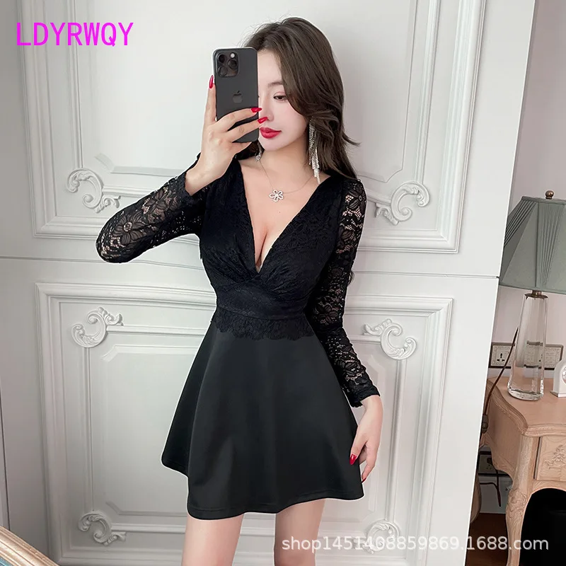 Night Shop Sexy Dress 2024 New Low cut Nightclub Work Clothes with Waist up A-line Skirt for Women