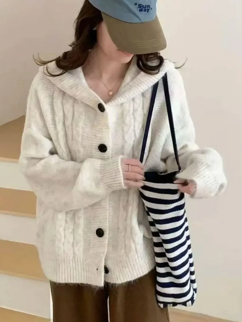 Loose Fit Lazy Sle Strickpullover Mantel Damen Faion Herbst Winter Offene Strickjacke Mit Kapuze Twist Oberbekleidung Top