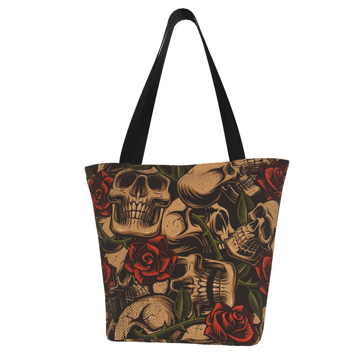 

Gothic Skull Print Shopping Bag Women Canvas Shoulder Shopper Bag Gothic Rose Design Female Eco Large-Capacity Zipper Handbag